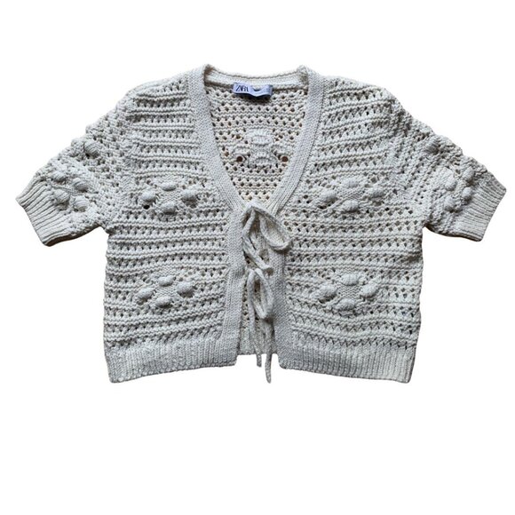 Zara Crochet Knit Tie Front Cardigan Sweater M - Picture 1 of 5